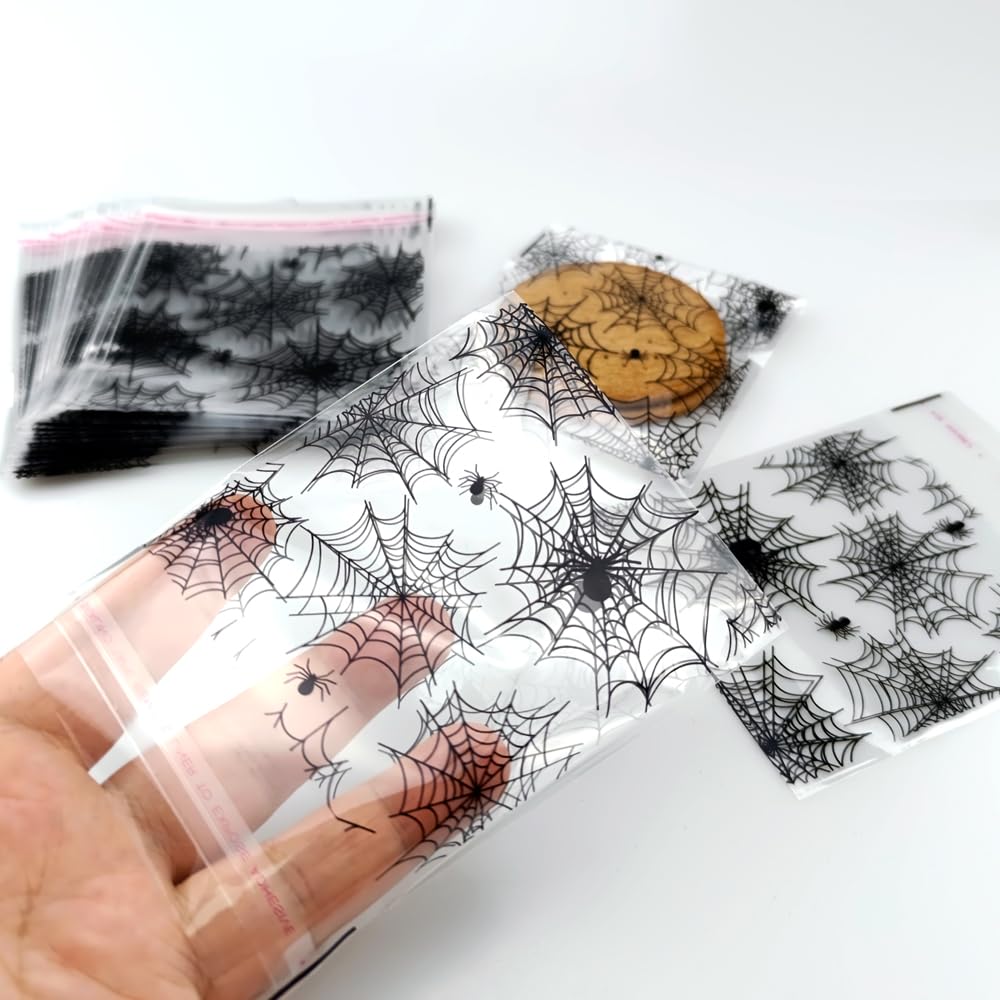 FAZHBARY 100 PCS Halloween Spider Web Treat Bags 4x5 inches Clear Plastic Cellophane Goodie Bags for Party Favor Supplies