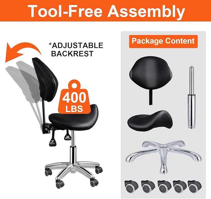 Saddle Stool with Back Support, 400lbs Adjustable Salon with Wheels, Heavy Duty Rolling Ergonomic Rolling Esthetician Seat for Home Office Salon Shop Dentist Clinic, for People 5 ft to5.8 ft Tall