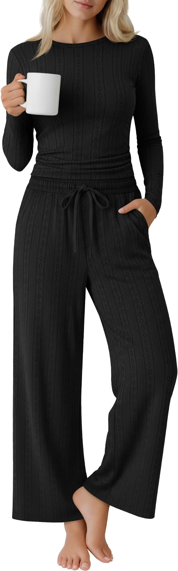 Evervibe Women's 2 Piece Lounge Set Long Sleeve Crew Neck Top Drawstring Wide Leg Pants Casual Tracksuit Matching Set