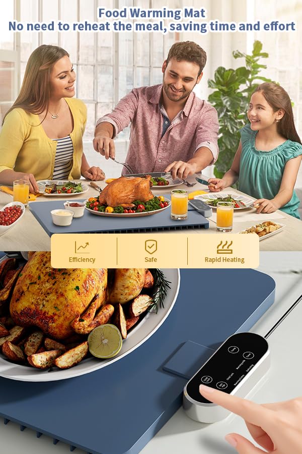 Food Warming Mat, Silicone Full Surface Heating Warming Mat for Food with 6 Temperature Settings, Timer and Child Lock, Electric Roll Up Food Warmers Tray for Parties Buffet,Home and Commercial Use.