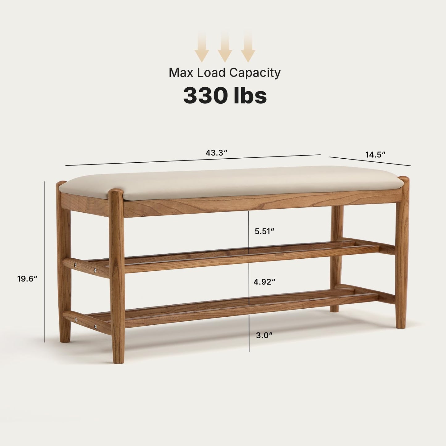 CREATISAN Shoe Bench, Solid Oak Wood Entryway Bench with Storage, 3-Tier Shoe Storage Bench with PU Leather Seat, Mid Century Shoe Rack Benches for Hallway, Bedroom, Living Room, 43.3" White