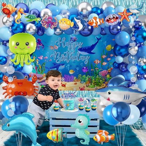 Under the Sea Party Decorations 98Pcs, Ocean Theme Birthday Party Supplies Include Backdrop Tablecloth Bubble Garlands Cak...