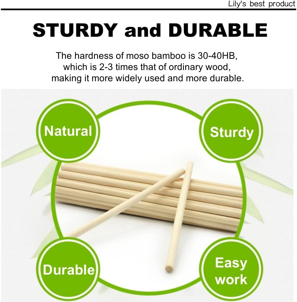 HOPELF 25pcs Bamboo Dowel Rod Assortment - 1/4 x 17.5 Inch, Wooden Sticks for DIY Crafts