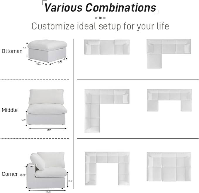 Cloud Couch Modular Sectional Sofa,160.6" Down Filled 5 Seater Convertible Sectional Sofas,V Shaped Couch for Living Room,Covers Washable&Replaceable,White