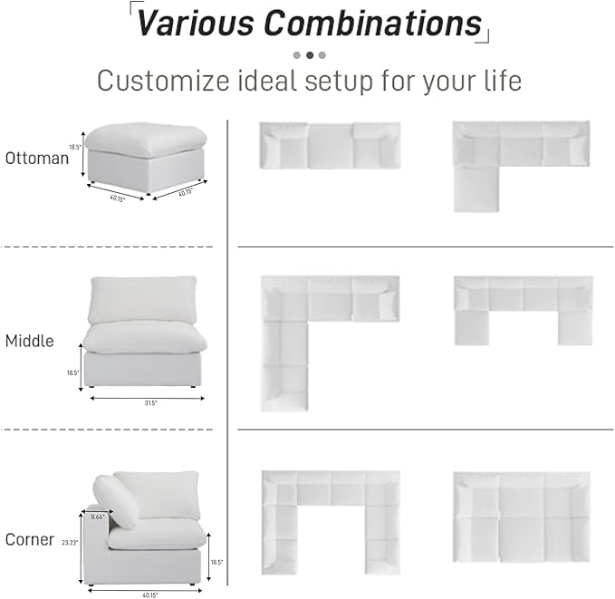160.6" Cloud Modular Sectional Sofa with Storage Ottomans, V Shaped Minimalist Sofa Couch, Convertible Couch Deep Seat for Living Room Sets,Covers Washable&Replaceable,White