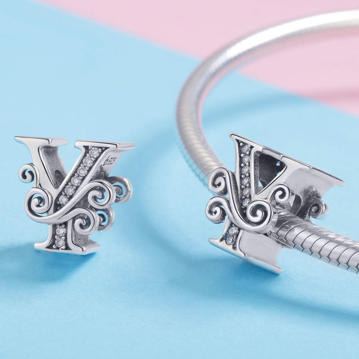 BISAER 925 Sterling Silver Initial Letter Y Charms for Bracelets Alphabet Beads Charm Jewelry Gifts