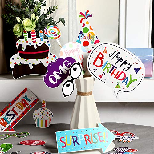 29 Pieces Birthday Photo Booth Props Kit Colorful Funny Kids Birthday Theme Table Centerpiece Craft Cutouts with Glue Poin...