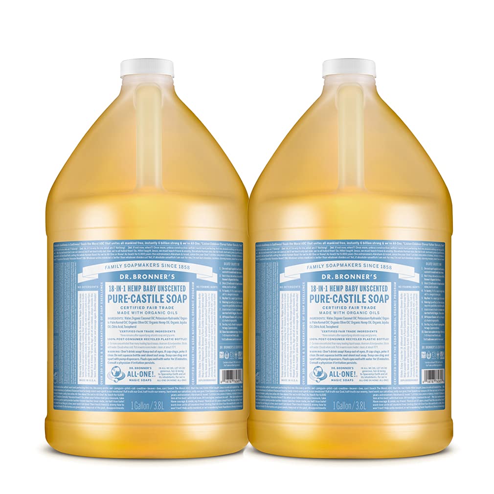 Dr. Bronner's - Pure-Castile Liquid Soap (Baby Unscented, 1 Gallon, 2-Pack) - Made with Organic Oils, 18-in-1 Uses: Face, Hair,