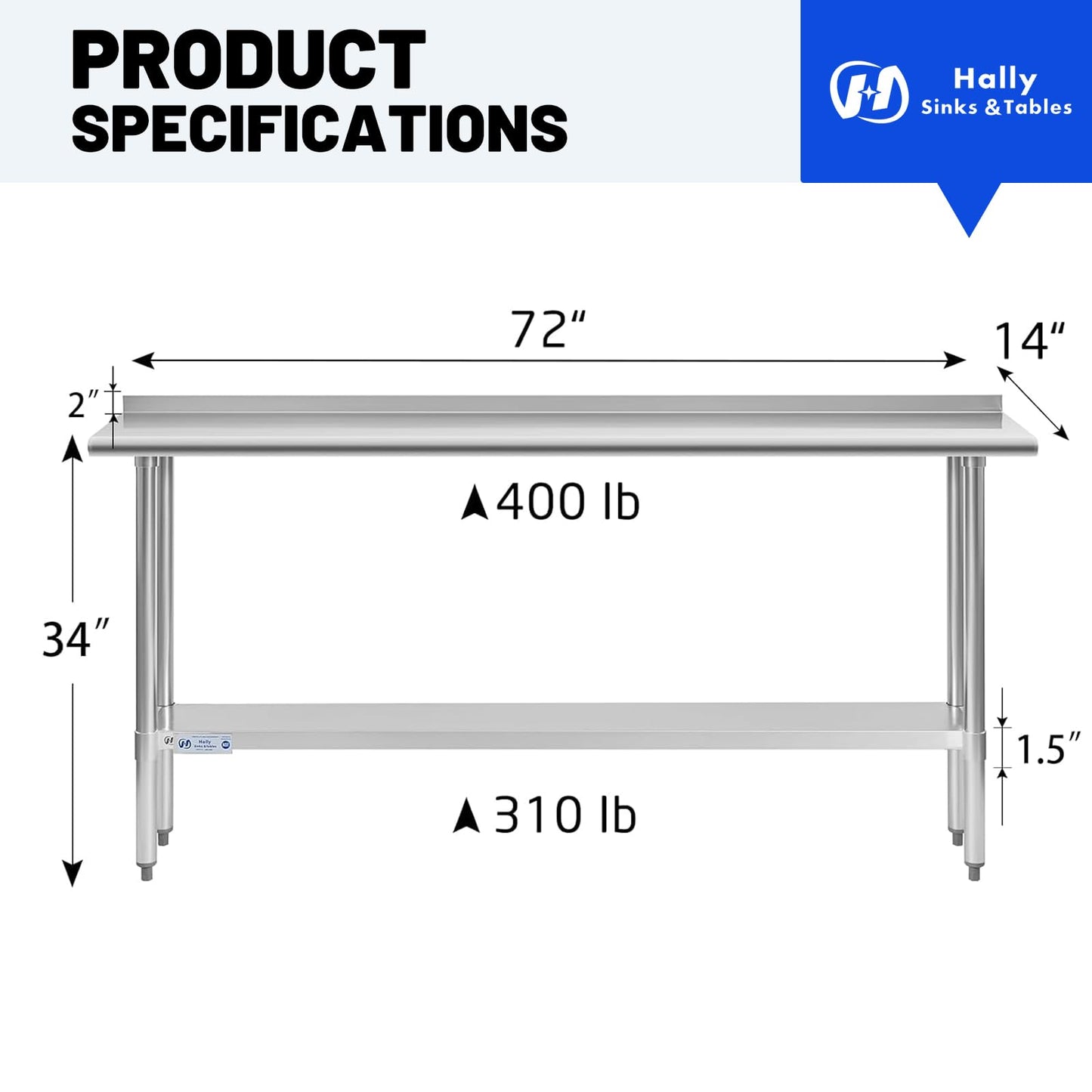 Hally Stainless Steel Table for Prep & Work 14 x 72 Inches, NSF Commercial Heavy Duty Table with Undershelf and Backsplash for Restaurant, Home and Hotel