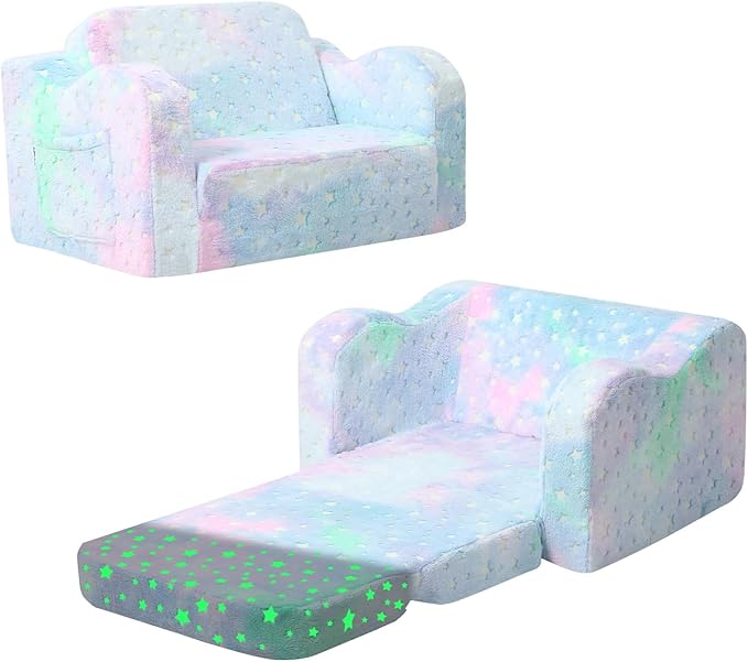 MeMoreCool Folding Toddler Chair, Soft Plush Fold Out Kids Couch Sofa Glow in The Dark, Comfy Baby Recliner for Girls Boys (Blue Galaxy)