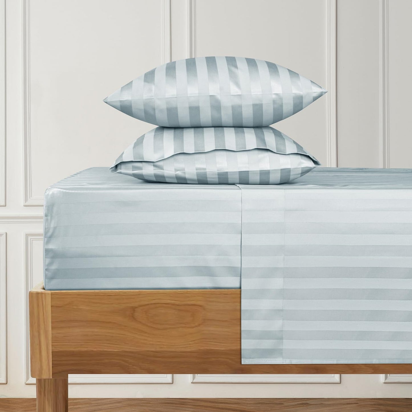 URBANHUT 1000 Thread Count Damask Striped King Sheet Set Egyptian Cotton, Long Staple Soft & Breathable, 4 Pc Bed Sheet Sets, Luxury Hotel Sateen Sheets Fits 16" Deep Pocket - Light Blue