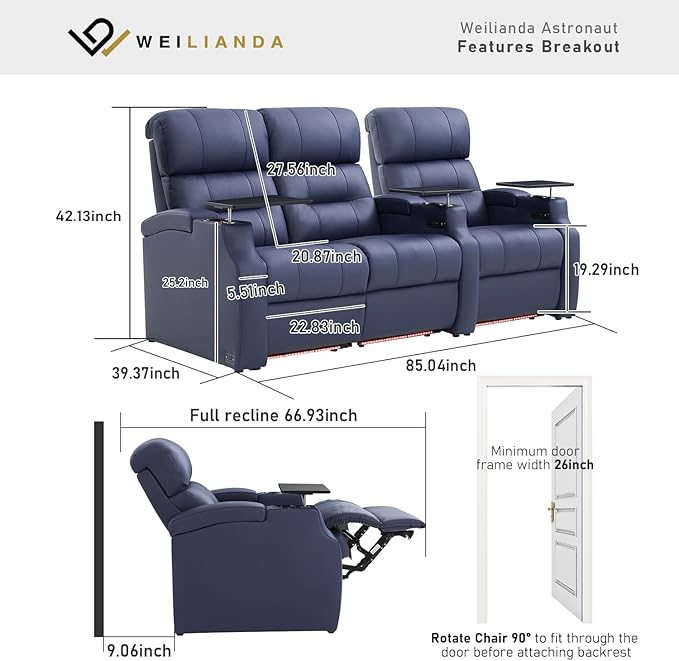 Weilianda Home Theater Seating, Top Grain Leather Sectional Seats Recliner Chair, Zero Gravity Reclining Sofa with Power Headrest 7 Colors Ambient Lighting USB C Charge Row of 3 Loveseat Left Blue