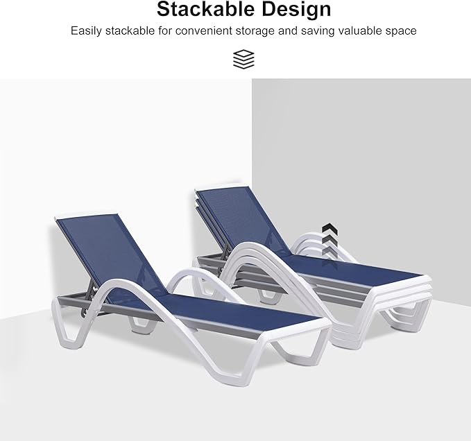 PURPLE LEAF Patio Chaise Lounge Chair Set Outdoor Plastic Textilene Lounger with Side Table 6 Adjustable Positions Sun Bathing Tanning Recliner for Pool Outside Beach in-Pool Lawn Poolside, Navy Blue
