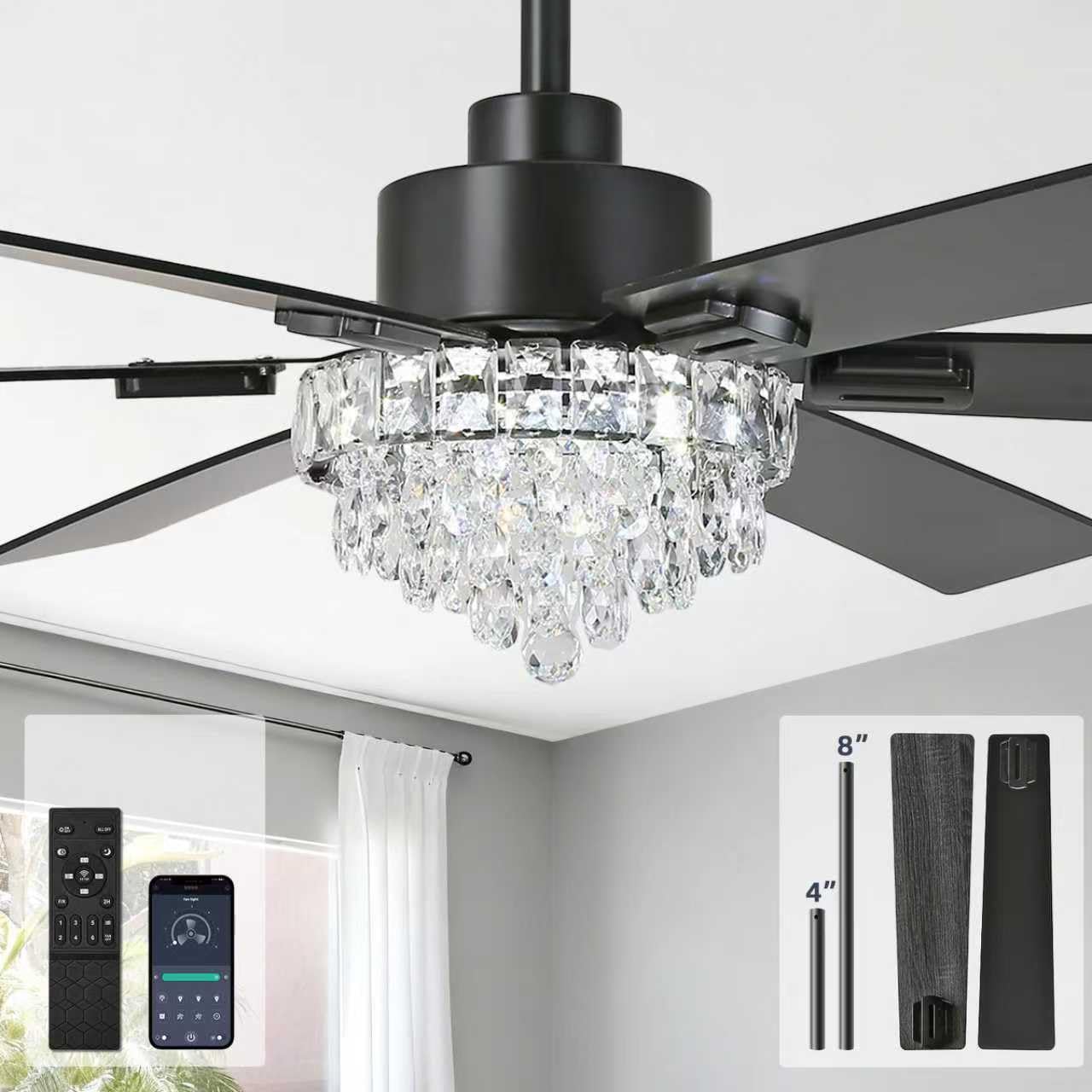 52 Inch Crystal Chandelier Ceiling Fan with Light, 6-Speed Remote Control Black Fandelier with Timer, 6 Reversible Blades Fan Chandelier for Living Room Bedroom, Dimmable LED Light, Quiet DC Motor