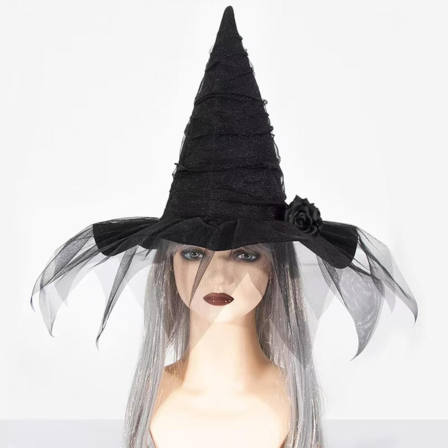 Moyubath Halloween Witch Hat, Ruched Witches Hats for Women with Veil and Rose Wizard Hats Halloween Costume Accessories