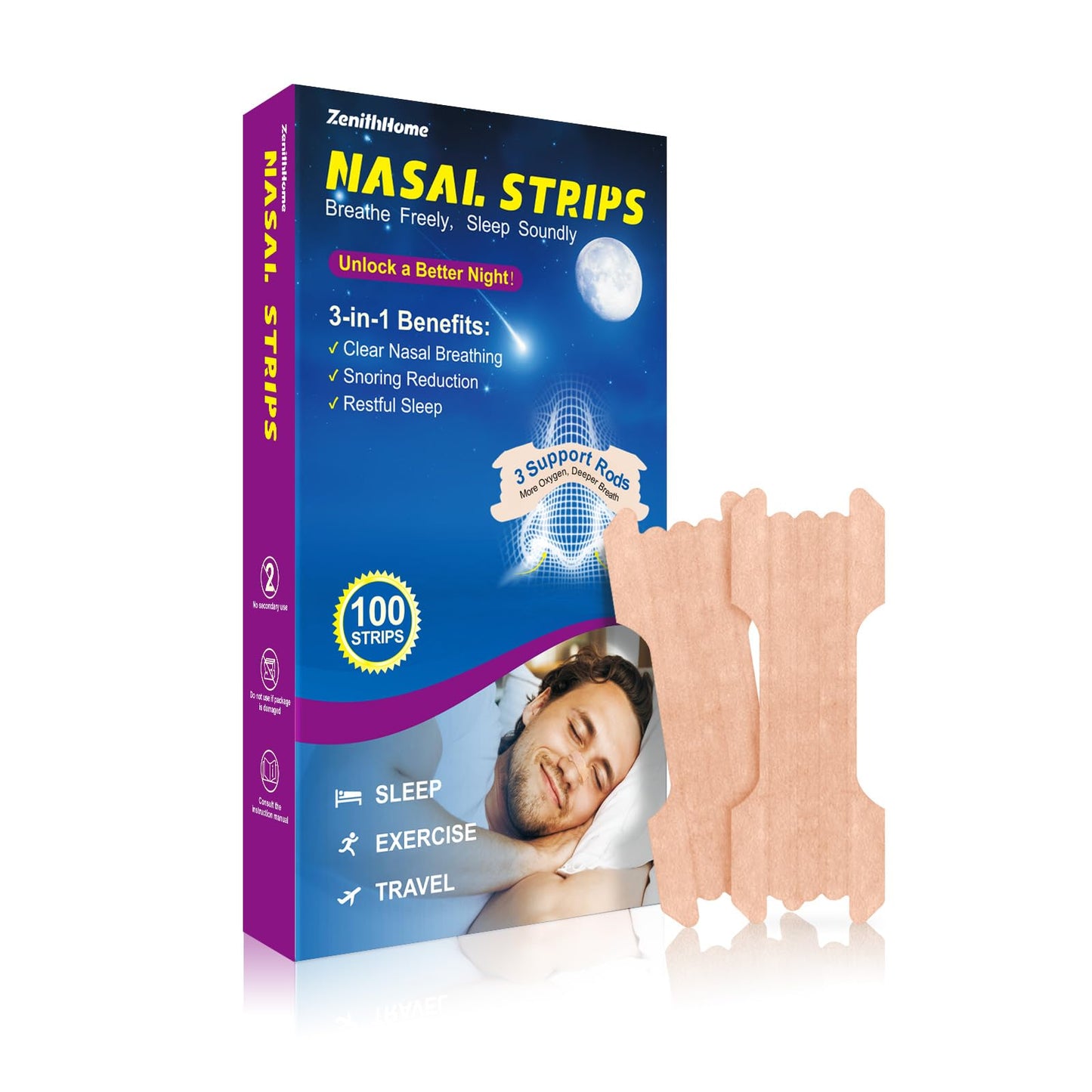 ZenithHome Nasal Strips for Snoring, 100 Count Extra Strength Nose Strips for Breathing, Anti Snoring Devices for Sports and Sleep, Help Stop Snoring, Relieve Nasal Congestion, Drug-Free,Deeper Sleep