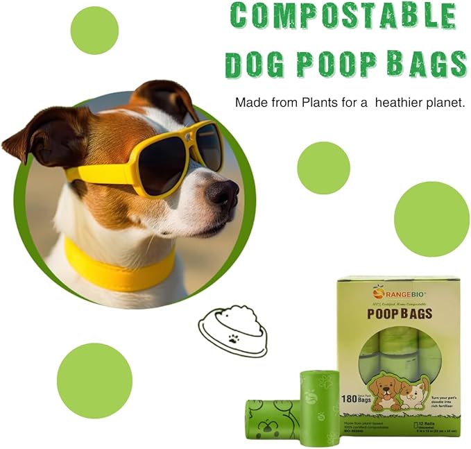OrangeBio Dog Poop Bags, 100% Certified Home Compostable, 13 x 9 Inches - 180 Count (15 Bags per Roll, 12 Rolls), OK Compost Home