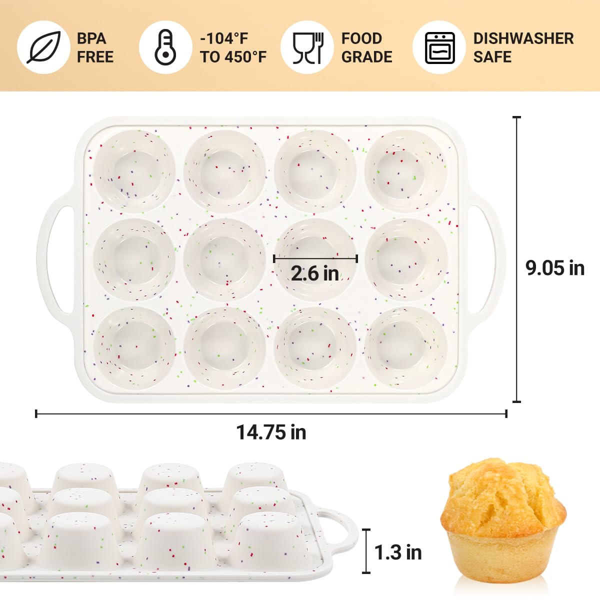 FUNBAKY Silicone Muffin Pans for Baking, Metal Reinforced Frame 12 Cups Regular Size Silicone Cupcake Pan Nonstick Muffin Tin for Baking Muffin, Cupcake, Frittatas,BPA Free, Dishwasher Safe