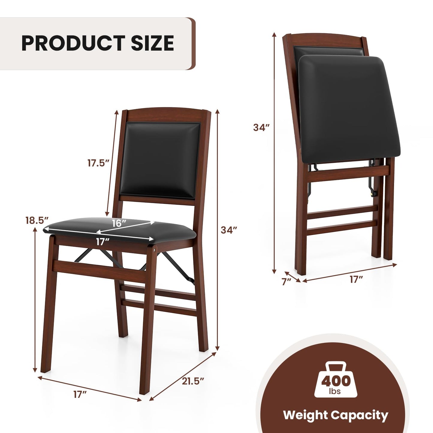 Giantex Folding Dining Chairs Set of 2, Foldable Wood Kitchen Chairs with Padded Seat, Solid Wood Frame, Max Load 400 Lbs, No Assembly Easy to Store Wooden Dining Chairs for Apartment, Small Space