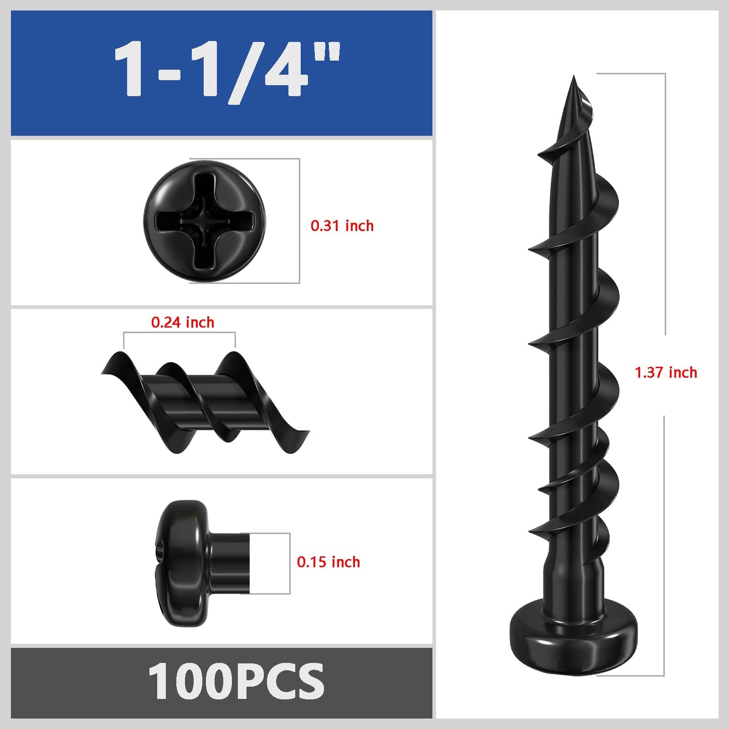 Wensilon (100 pcs) Pan Head Drywall Anchors 1-1/4" Black Anti Rust Coating, Bolt Anchor, Duty Hollow Wall Anchors