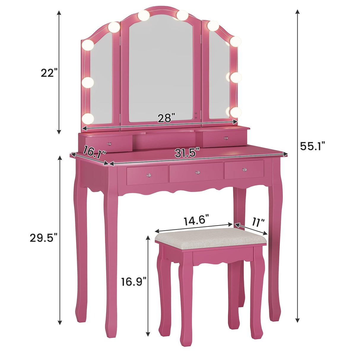 Tiptiper Pink Vanity with Tri-Fold Mirror, 10 Hollywood Lights & Stool, Girls Makeup Vanity Table with 5 Drawers & Jewelry Hooks, 3 Light Settings & Adjustable Brightness, Pink