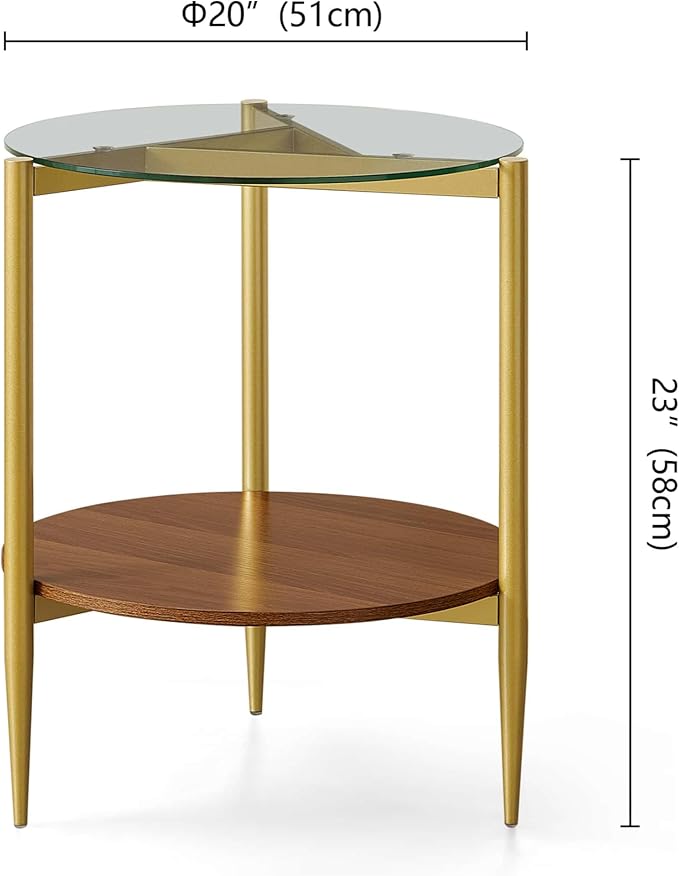 Pine Flicker Round End Table, Mid-Century Modern Design, D20*H23 inch, for Living Room, 2-Tier Structure, Clear Glass Top and Walnut MDF Shelf, Sleek Conical Metal Legs with Gold Finish