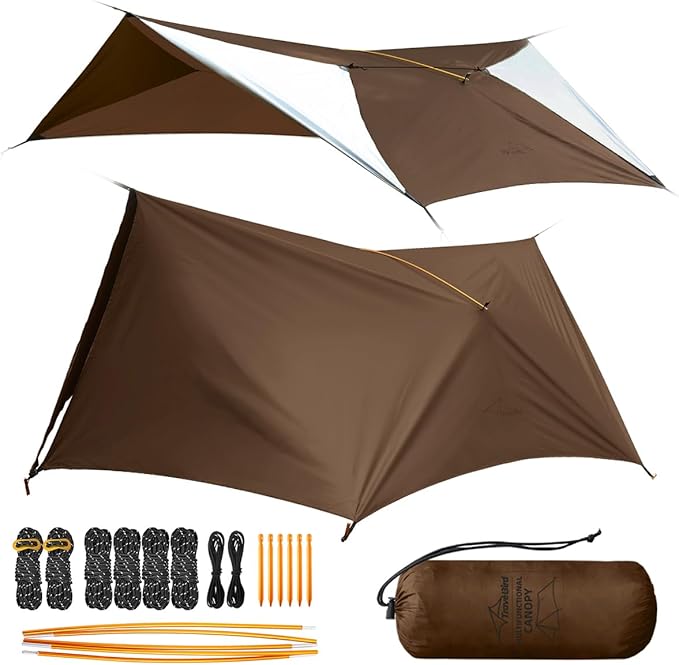 Travel Bird Ultralight Tarp, 14ft Hammock Rain Fly Lightweight Waterproof Camping Tent Tarp with Doors, Bushcraft Tarp She...