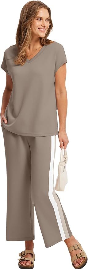Saloogoe Two Piece Sets for Women Summer Outfits Lounge Sets V Neck Tops Wide Leg Pants Woman Vacation Travel Outfits