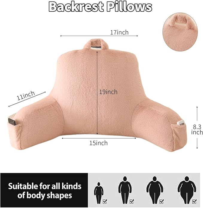 PAJEO Reading Pillow for Sitting in Bed, Large Backrest Reading Pillow with Arm Rest,Back-Rest Support Cushion for Sit Up on Couch, Sofa, and Floor(Shell Pink Faux Fur, Standard(17"))