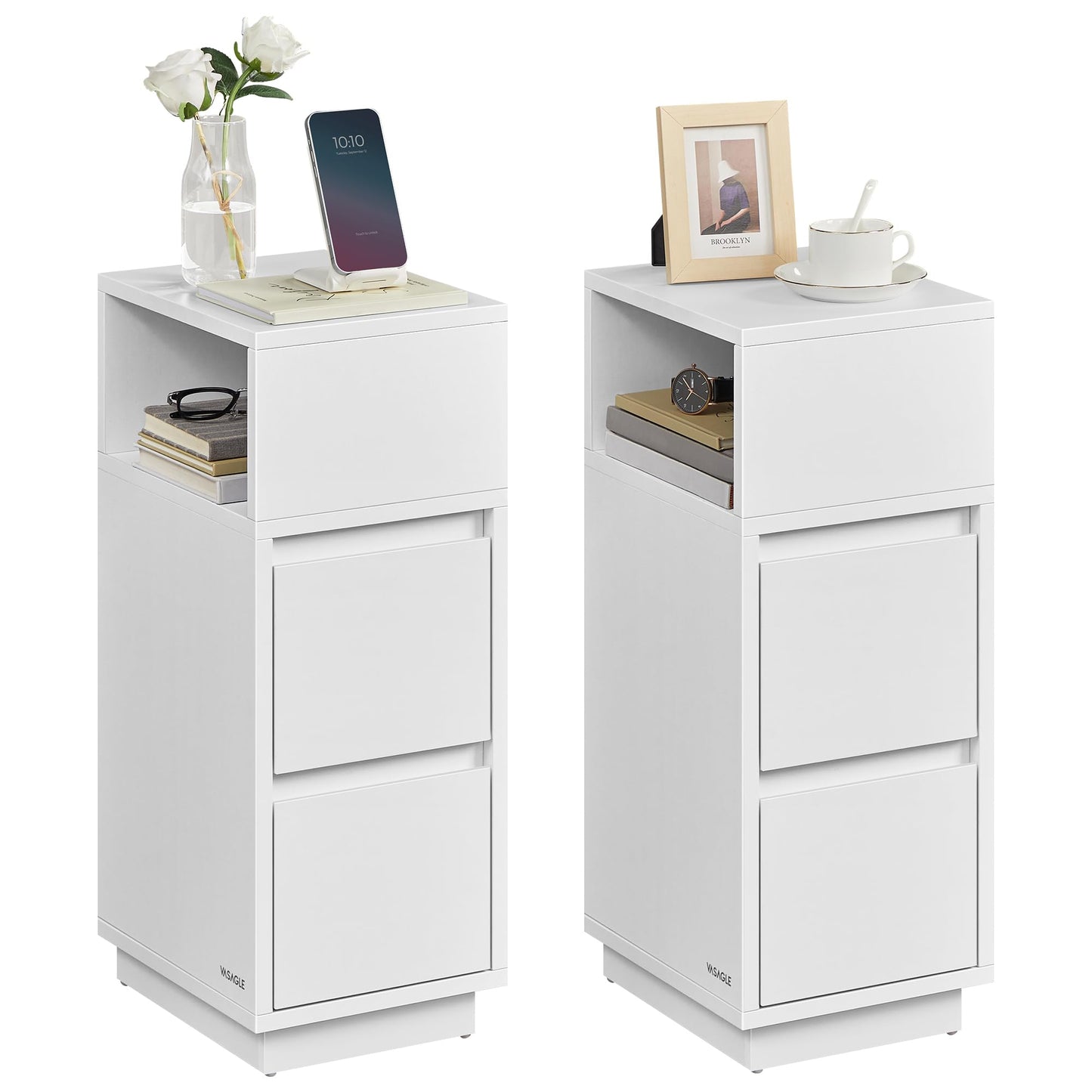 VASAGLE KAILYN Collection - Slim Bedside Tables, Set of 2 Small Narrow Side End Tables with Drawers, Flexible Open Compartment, for Bedroom, Living Room, Cloud White LET856W01