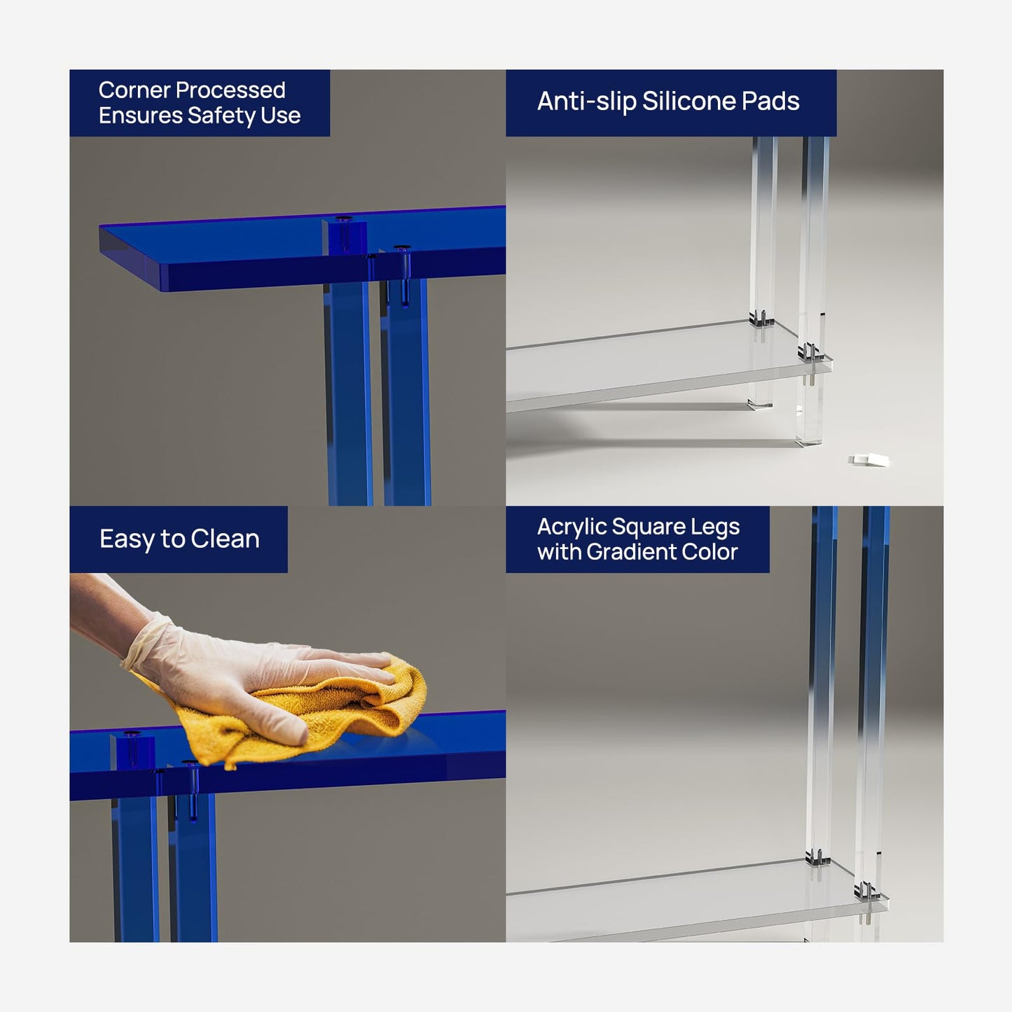 HMYHUM Narrow Acrylic Console Table, with Transparent Gradient Blue Square Legs, 7.6" Width, 2-Tier Clear Entryway Table for Hallway, Foyer, Sofa, Living Room, 39.4" L x 31.5" H