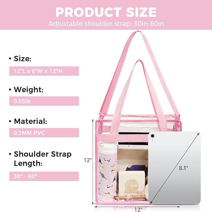 BAGAIL Clear Bags 12x6x12 Stadium Approved Clear Tote Bag with Zipper Closure Crossbody Shoulder Bag with Adjustable Strap