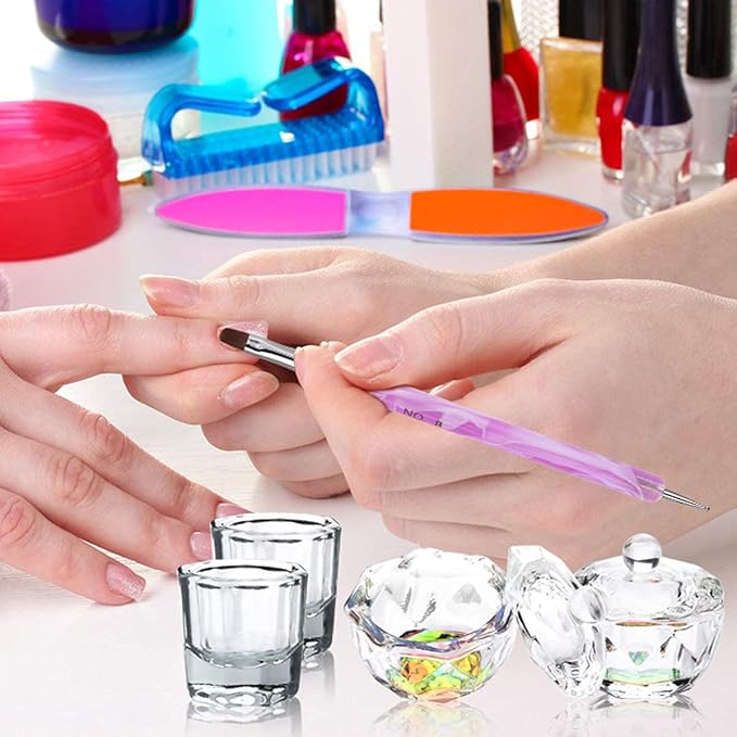 9Pcs Nail Art Brushes Dappen Dish Set for Monomer Acrylic Nail Liquid Powder: 2 Dappen Dish for Acrylics Nails with Lid & 2 Glass Nails Cup Crystal Monomer Dishs & 5 Acrylic Nail Brush