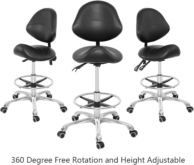 Grace & Grace Professional Saddle Stool Chair with Back Support, Hydraulic Ergonomic Saddle Seat Stool with Wheels for Clinic Dentist Spa Massage Salons Studio (Black, with Foot Rest)