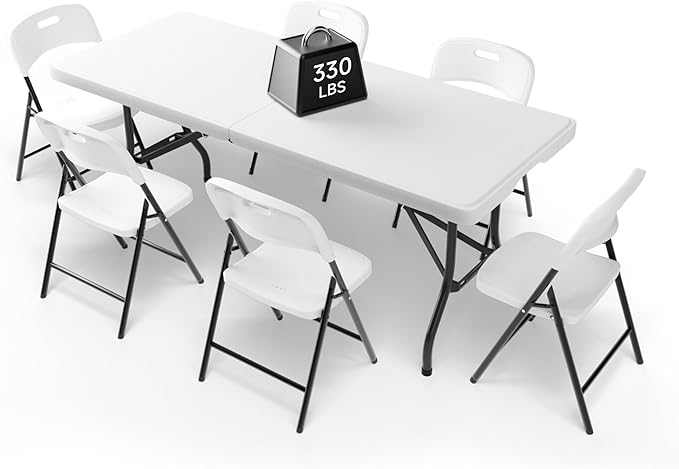 Ortus Collective 6FT Folding Table Set with 6 Folding Chairs, Heavy Duty 330 lbs Table & 600 lbs Chairs, Portable Folding ...