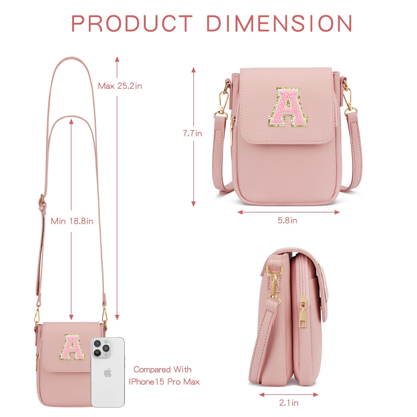 CLOUDWINGS Gift for Girls Small Initial Crossbody Bag for Teens Vegan Leather Cell Phone Kids Purse (Pink-A)
