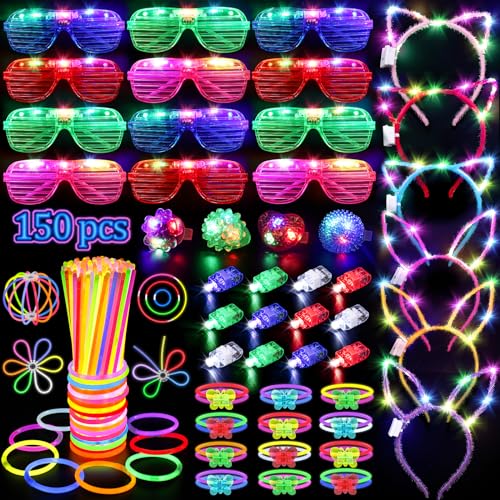 150PCS Glow in the Dark Party Supplies for Kids Adults, Light Up Party Favors with Light Up Glasses, Headband, Rings, 100 ...