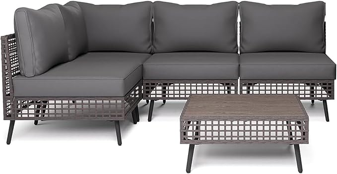 LAUSAINT HOME 5 Pieces Outdoor Sectional Sofa Set, All-Weather PE Wicker Rattan Patio Conversation Set with Thick Cushions & Coffee Table, Patio Furniture Set for Garden, Backyard, Porch (Grey)
