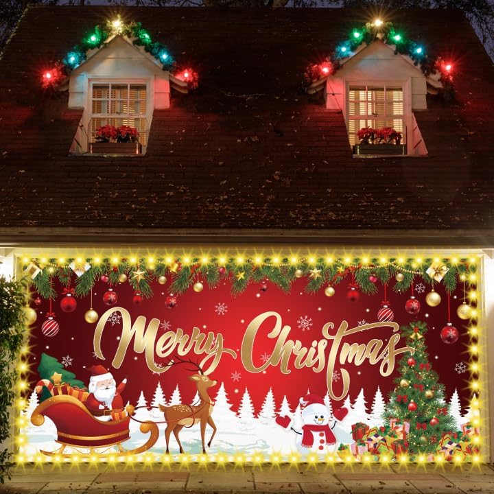 YLOLUL Led Christmas Garage Door Cover 6 x 13 ft Large Hanging Backdrop Door Banner with Light Merry Christmas Garage Wall...