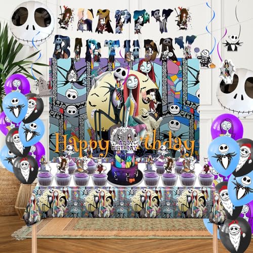Favuit Birthday Decorations, Nightmare Christmas Party Supplies Halloween Birthday Party Decorations Set Includes Banner B...