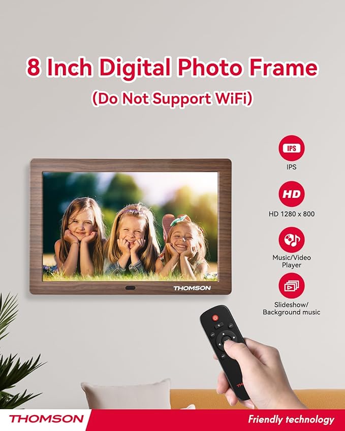 THOMSON 8" Digital Picture Frame, 1280 * 800 IPS Full View Ultra Clear Screen with Remote Control, Wooden Frame, Share Videos Photos Send Wishes Auto-Rotate Slideshow Non-WiFi (8 Inch Non-WiFi)