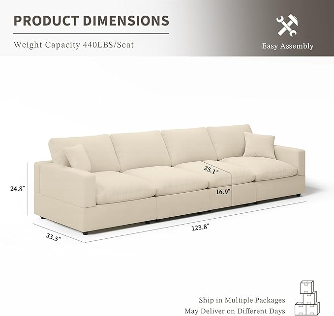 Cloud Couch Modular Sectional Sofa, 123.8" 4-Seater Sectional Couches for Living Room, Convertible Cloud Sofa, Down Filled Wide & Deep Seat, Removable Washable Cushion Cover & Backrest Pillow Cover