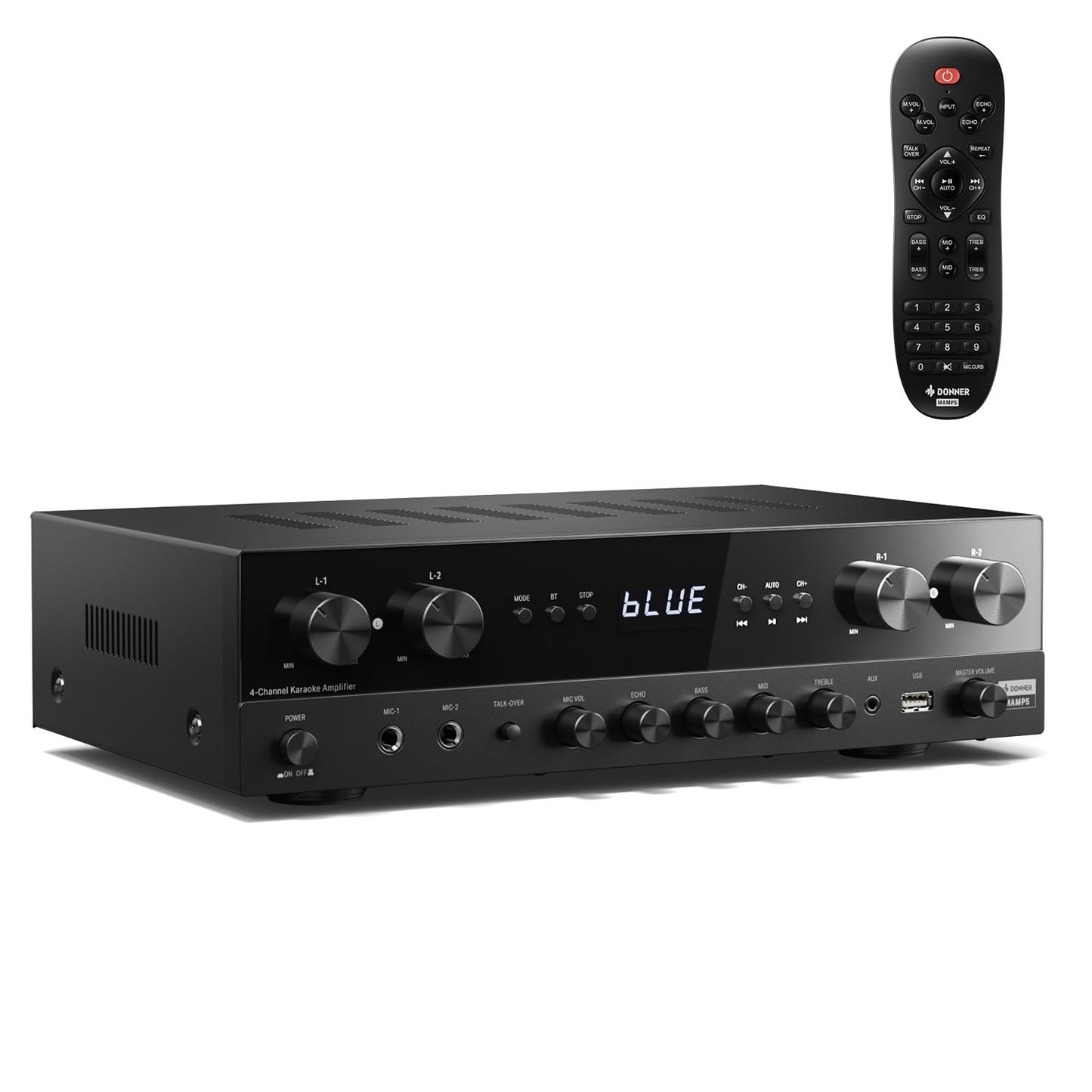 Donner Stereo Receivers Home Audio Amplifier, Premium 1000W Peak Power 4 Channel Amplifier with Bluetooth 5.0, USB, FM, 2 Mic-in