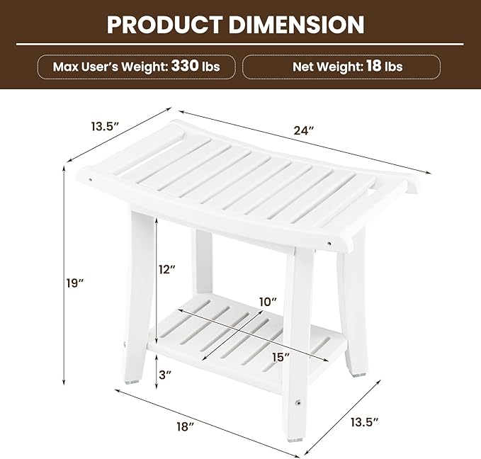 GOFLAME 2-Tier Shower Bench, Spa Bath Shower Stool with Curved Seat, 2 Easy-to-Grip Handles, Storage Shelf & Non-Slip Foot Pads, Waterproof Shower Chair for Bathroom, Living Room, Entryway, White
