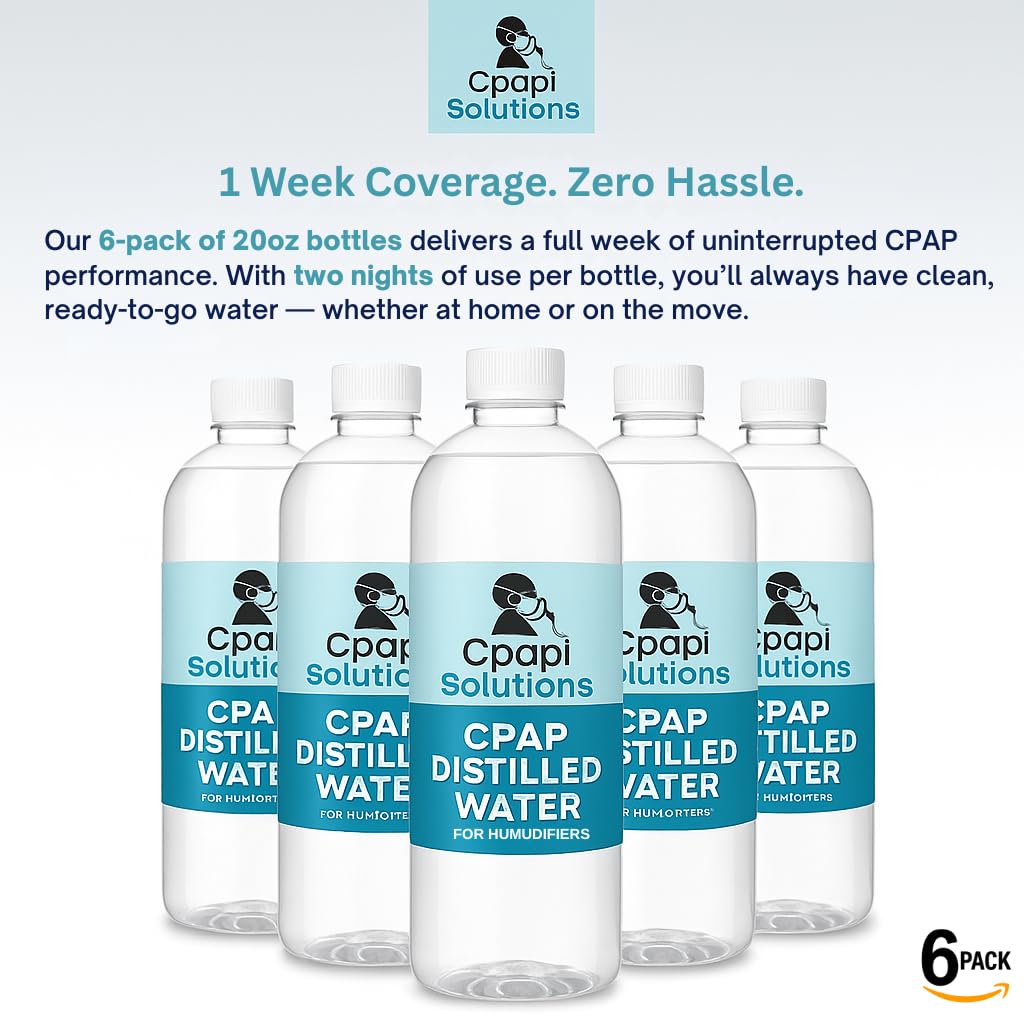 CPAPi Solutions Distilled Water CPAP – 6-Pack Travel Bottles (20 oz) – Steam Purified, Ozonated & Filtered – Made in USA – For All CPAP Machines & Humidifiers
