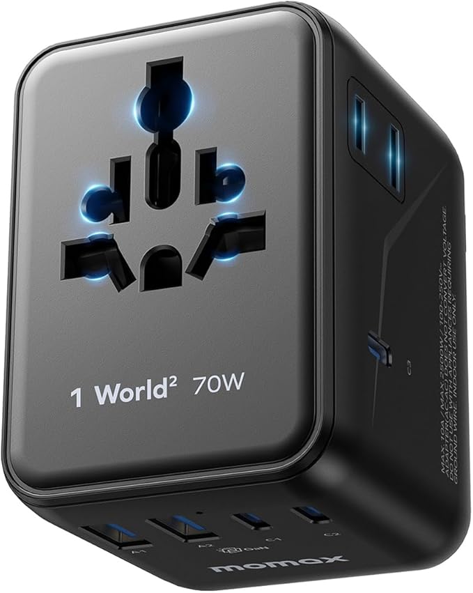 MOMAX Mini 7-in-1 Universal Travel Adapter, GaN 70W Dual AC, 3 USB-C PD & 2 USB-A QC, International Power Charger for 200+ Countries – Compact Travel Adapter for Laptop, Phone, UK/AUS/EU/JP Plug