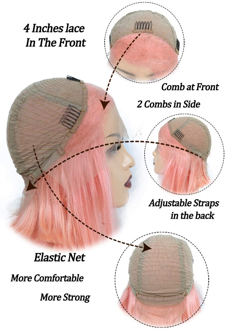 Smartinnov 13x4 HD Lace Front Bob Wigs, Pink Human Hair 8inch Bob Pre Plucked Glueless Short Cut 180% Density HD Transparent Lac