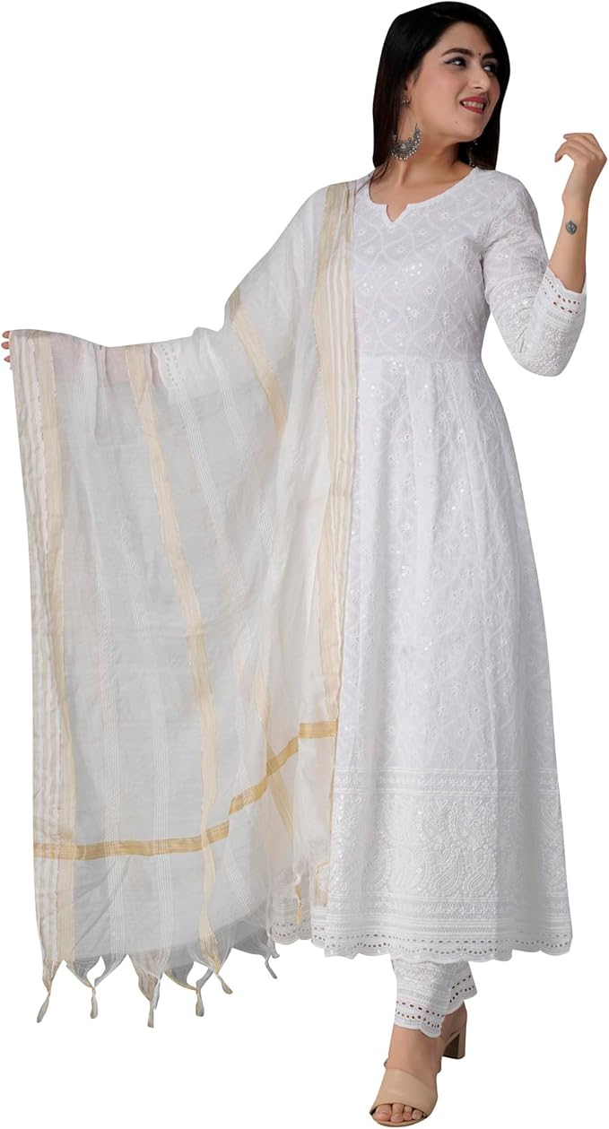 JG JAI GOVINDAM Chikankari Cotton Anarkali Indian Kurti for Women Summer Dress Kurta Pant with Dupatta Set Pakistani Kurta