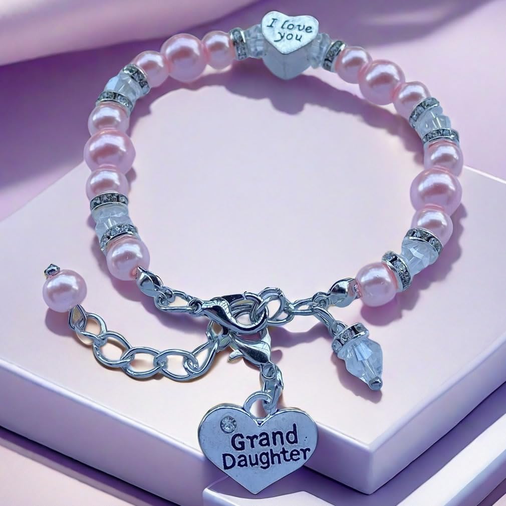DOLON Graduated Pink Glass Pearls Facted Beads Rhinestone I Love You Charm Granddaugther Bracelet Jewelry Back to School Birthda
