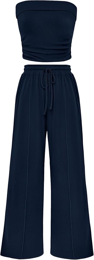 PRETTYGARDEN Womens Summer Outfits 2 Piece Sets Casual Ribbed Knit Crop Tube Top Wide Leg Pants Spring Matching Lounge Set